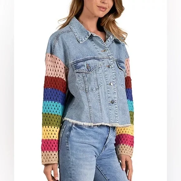 Elan Crochet Sleeve Cropped Denim Jacket Womens M Boho Festival - Picture 5 of 7